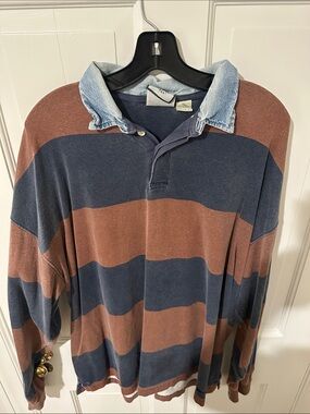 Vintage Levi's Striped Rugby Polo in Navy & Brown with Denim Collar